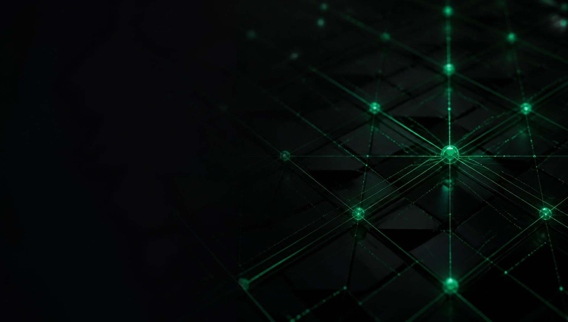 Emerald orchestration grid of connected nodes on a dark surface