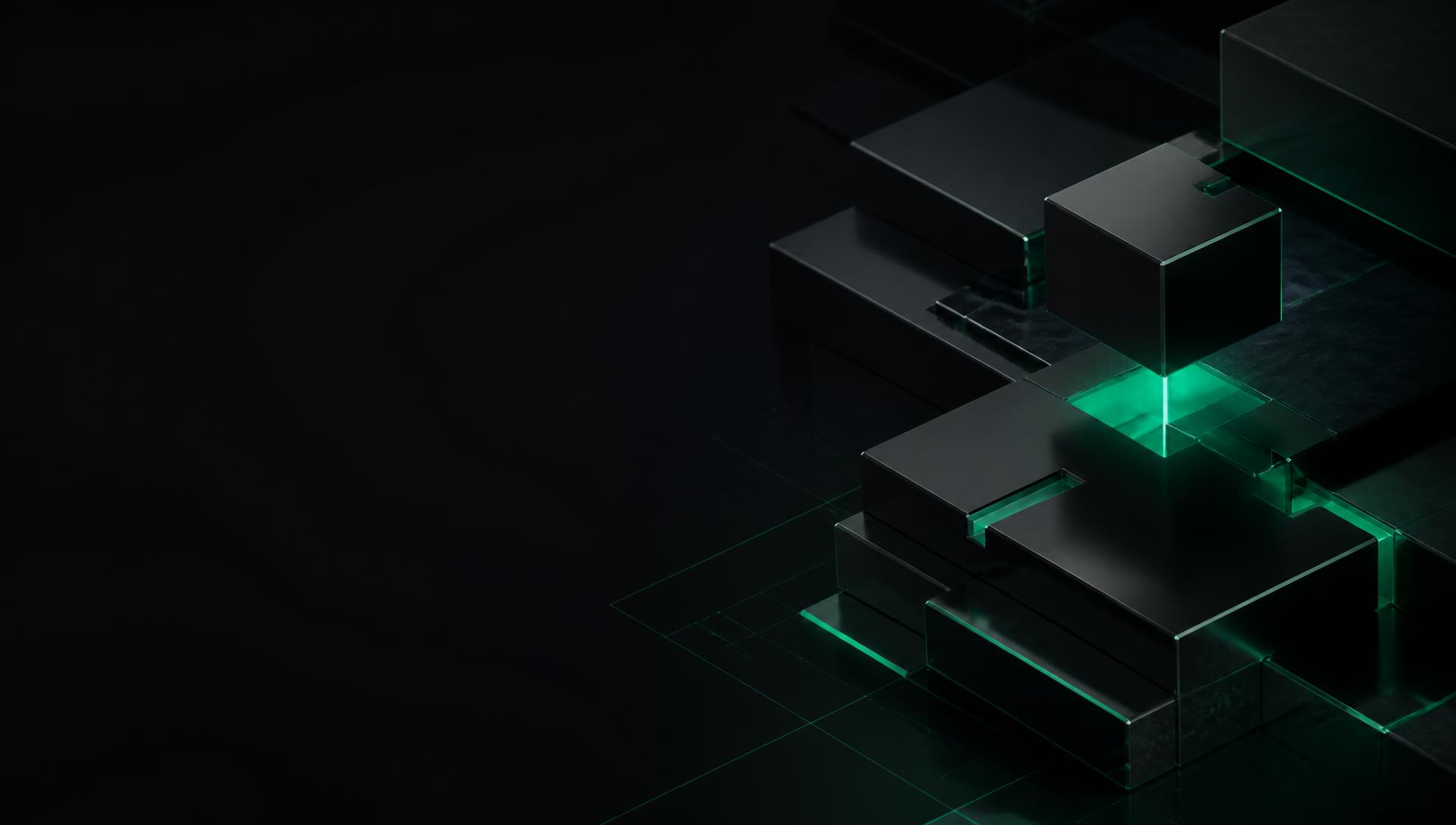 Modular obsidian blocks locking together with emerald light seams