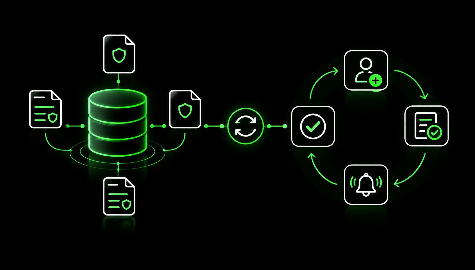 A sealed record vault beside an open workflow mechanism divided by a bright boundary, representing system of record versus system of action