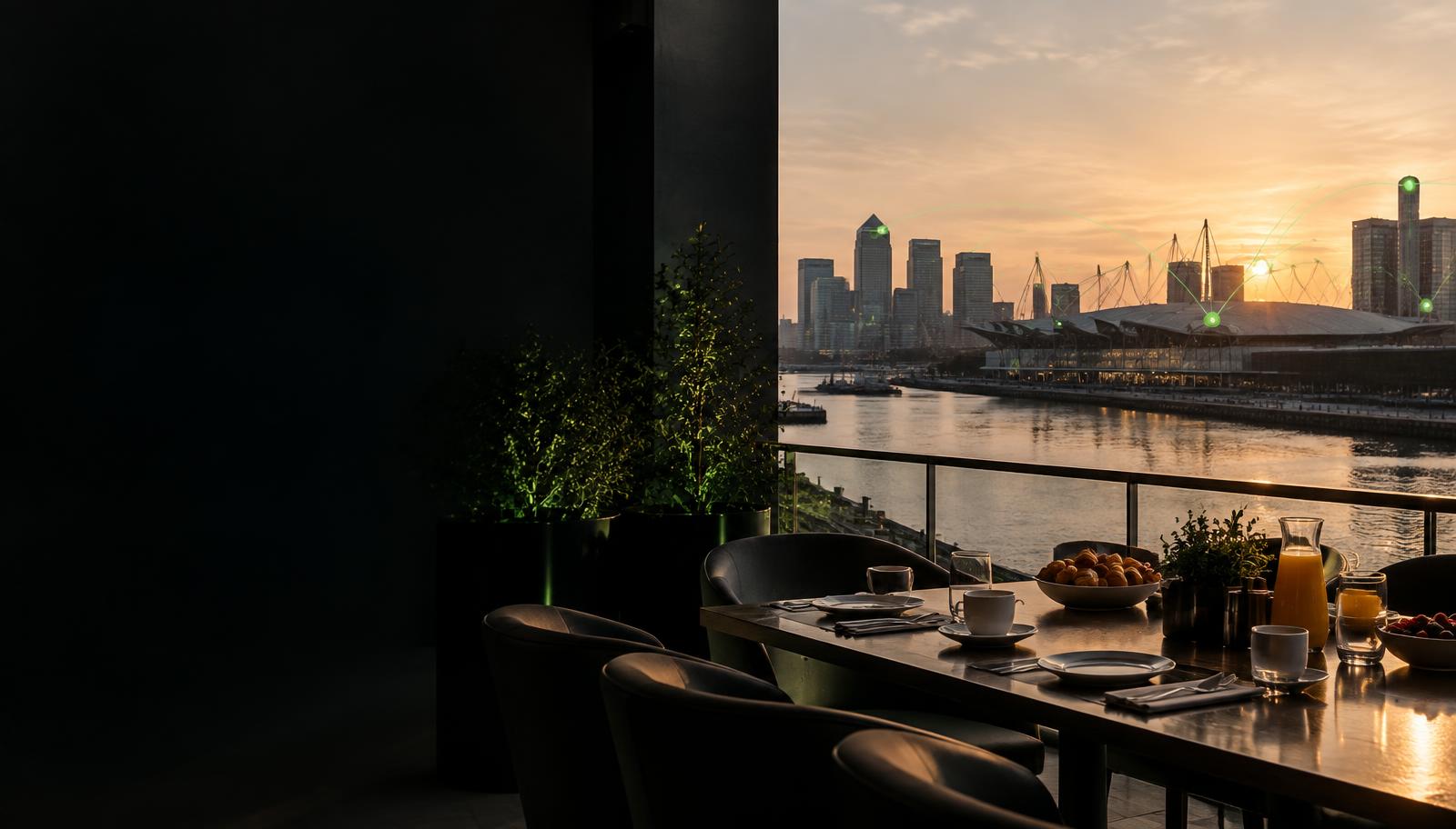 Breakfast table overlooking London Docklands and ExCeL at sunrise